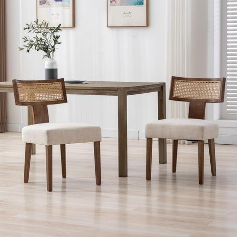 Esszimmerstühle 2er Set Holz Rattan Vintage Polsterstühle Beige (1/5)