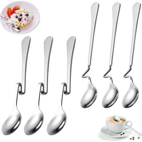 Lot de 6 cuillères à confiture, cuillère longue droite à suspendre, cuillère à café pliante en acier inoxydable, cuillère à miel à suspendre avec manche incurvé (1/5)