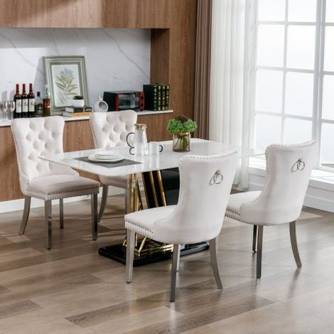 Lot de 2 chaises de salle à manger en bois massif capitonné velours – Pieds en acier inoxydable chromé – Style contemporain beige et chromé (1/3)