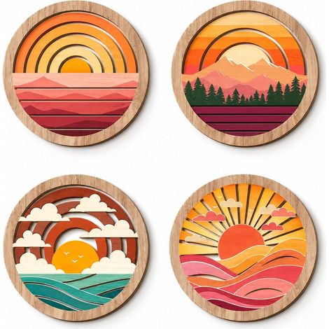 Lot de 4 décos murales Boho – décoration Murale Vintage 3D en Bois Rond avec Motifs de Coucher de Soleil, Art Mural bohème pour Salon (1/5)