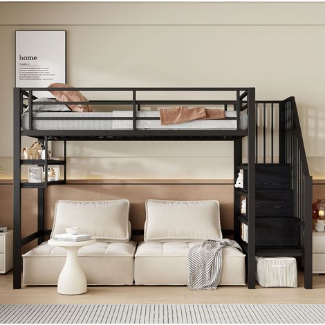 MEUBLIV Letto a soppalco 90x200 cm nero – con mensole e scala contenitore, senza materasso (1/5)