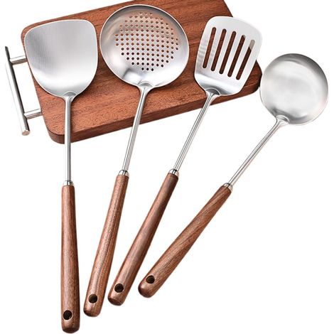 Coffret d’ustensiles de cuisine en acier inoxydable 316 de qualité alimentaire, manche en bois de noyer, spatule + louche + spatule à frire + écumoire (1/5)