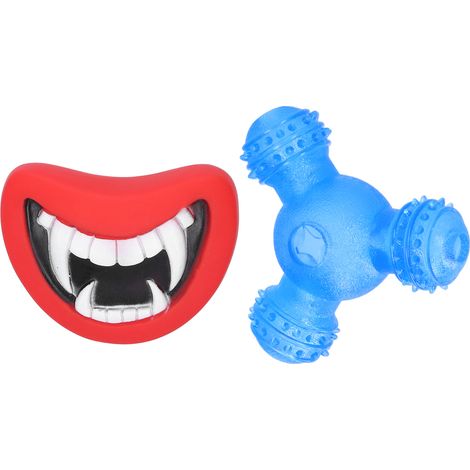 Ensemble de jouets à mâcher interactifs pour chiots, jouet de dentition interactif avec un démon à lèvres rouges qui fuit de la nourriture (bleu). (1/5)