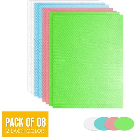 Alfombrillas transparentes de colores para refrigerador (paquete de 8 unidades): a prueba de derrames, recortables a medida, lavables, para forrar estantes y cajones. (1/5)