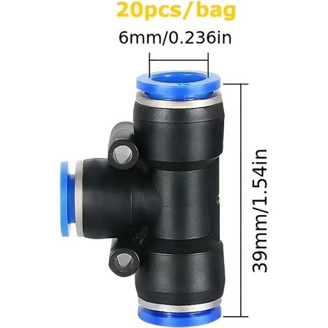 20 connecteurs T pneumatiques, raccords rapides 6 mm pour conduites d'air - raccord de tuyau plastique à connexion rapide par pression (1/4)