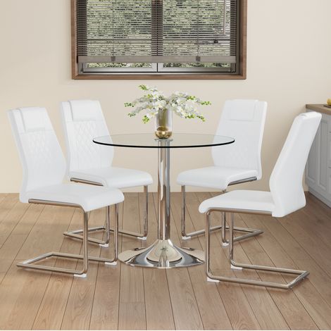 Esstisch Set, runder Glastisch 85 x 85 x 76 cm, transparente Tischplatte, stabile Metallbasis, Glas und PU Leder, Weiß Silber (1/5)