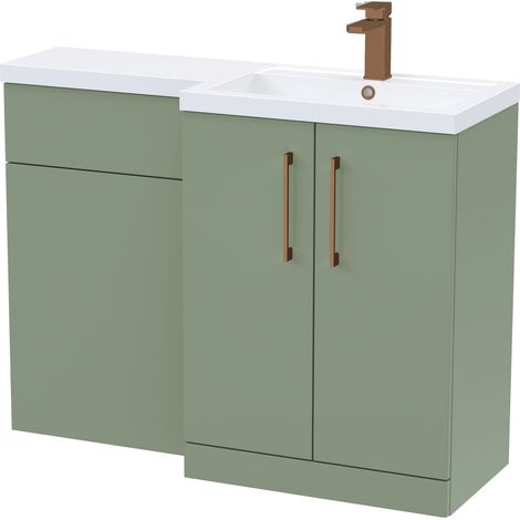 Balterley Right-Hand Bathroom Vanity and WC Unit Combination with Basin - 1100mm - Satin Green with Brushed Bronze Handles (1/5)