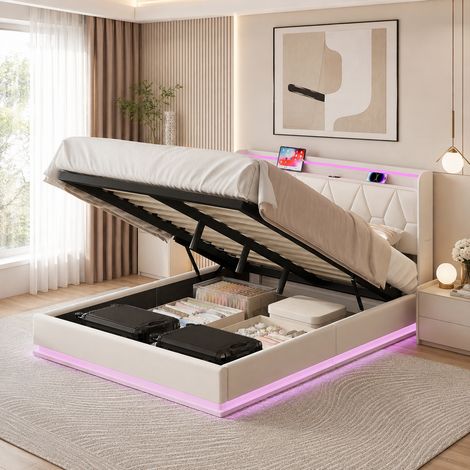 Lit coffre 160×200 cm,rangement hydraulique,lit double rembourré,lumière LED et port USB,cadre de lit 160×200,tête de lit avec rangement,style moderne,sommier à lattes,lit adulte,Velours,Beige (1/5)