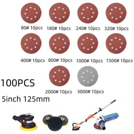 100pcs 125mm Papier de Verre Rond En Forme De Disques De Ponçage Crochet Boucle Papier Abrasif Polissage Feuille Papier 8 Trous (1/5)