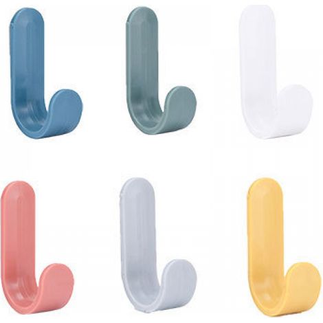 Crochets pour suspension murale mignons et créatifs colorés, 6 pièces, en plastique, auto-adhésifs en forme de J (1/5)