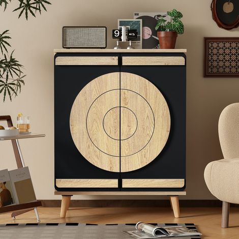 Scarpiera MDF nera e naturale 76 x 37 x 98,5 cm con ante geometriche e ripiani interni (1/5)