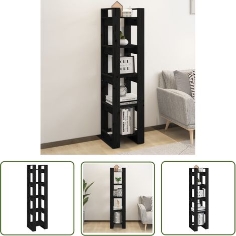 The Living Store Bibliothèque/Séparateur de pièce Noir 41x35x160 cm Pin massif - Bibliothèque - Meuble De Rangement - Étagère - Séparateur De Pièce - Bibliothèque Noire (1/5)