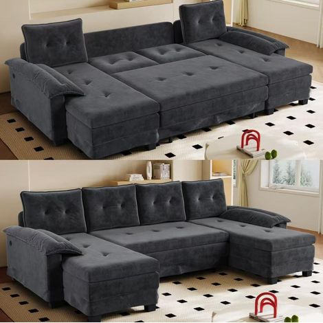 Sofá cama en U 278x127x87 cm chenilla gris con USB para salón – MEUBLIV (1/5)