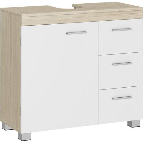 Meuble sous lavabo meuble de salle de bain 3 tiroirs latéraux 2 compartiments derrière la porte adapté aux lavabos sur colonne avec pieds blanc (1/4)