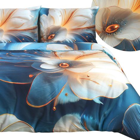 Bettwäsche-Set 180x200 cm, Satin-Baumwolle, Digitaldruck mit Blumen auf blauem Hintergrund (1/5)