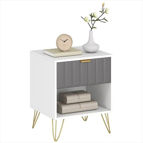 Table de chevet 45x40x55 cm avec tiroir et niche, blanc et gris, design contemporain en panneau de particules et MDF, pieds acier doré (1/5)