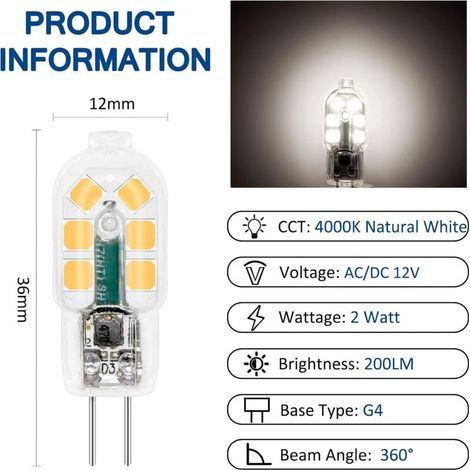 Lampadina LED G4 12V 2W Bianco neutro 4000K, 200LM, equivalente a lampadina alogena G4 10W 20W, non dimmerabile, AC/DC G4 12V LED 4000K per cappe da cucina, lampadari, confezione da 10 (1/4)