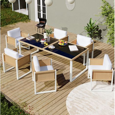 Salon de jardin 170/80/75 cm marron et blanc en rotin avec coussins déhoussables (1/5)