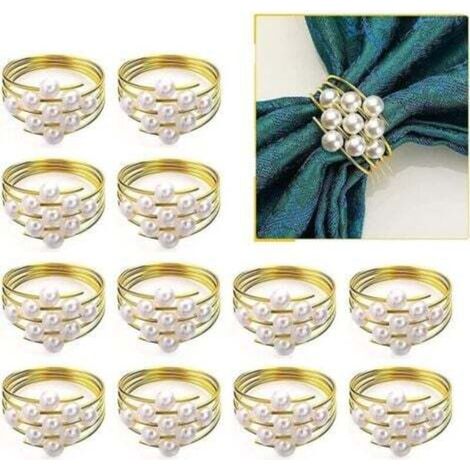 [JAMAIS UTILISÉ] 12Pcs Rond de Serviette Boucle en Perles Brillants, Décoration De Table, Doré Anneaux de Serviette en Métal, Porte-Boucle de Serviette pour Dîner Mariage Bapteme Noël Banquet Fête