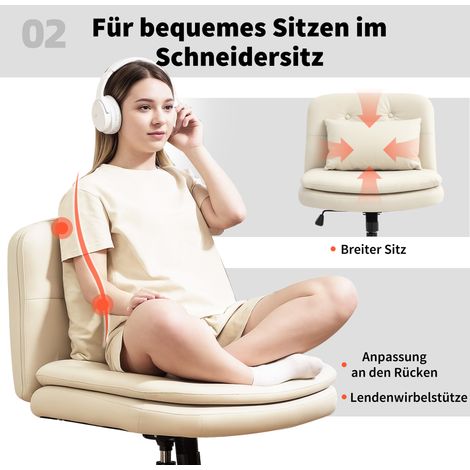 Chaise de travail sans bras, recouverte de cuir synthétique, avec roues, coussin additionnel, hauteur ajustable, pivotante, couleur beige (1/4)