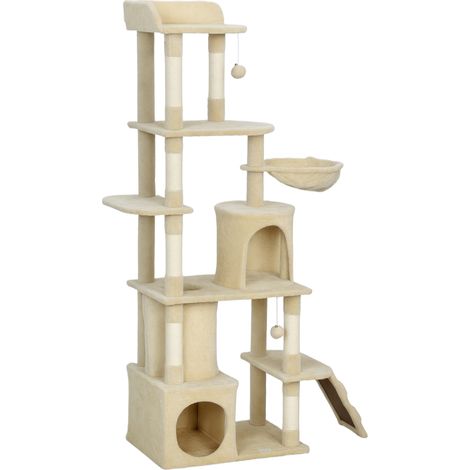 Arbre à chat géant, 170 cm de haut, avec 7 poteaux, 1 tunnel, 3 plateformes, 2 grottes et 1 hamac, beige (1/5)