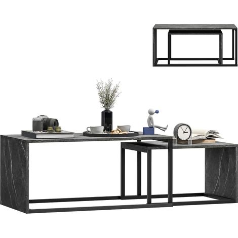 Ensemble de 2 tables basses gigognes noires design industriel avec effet marbre gris foncé pour un intérieur moderne élégant. (1/5)