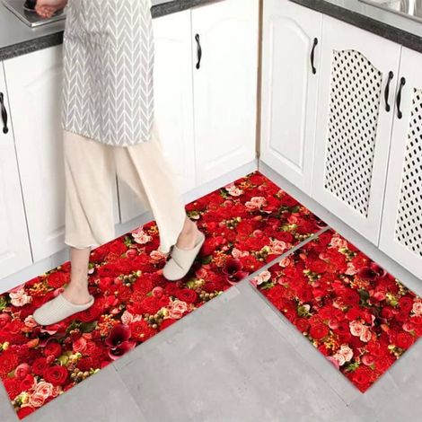 2 Pièces Tapis de Cuisine Rectangulaire - 40x60 cm et 40x120 cm Motif Fleur Rouge - Antidérapant et Lavable Paillasson (1/3)