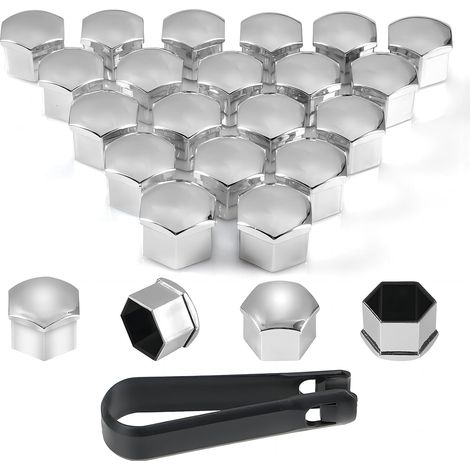 Cache-écrous de Roue, Ensemble de 20 Couvre-écrous de Roues universels en Plastique chromé avec Outil de démontage pour Voitures (Argent, 21mm) (1/5)