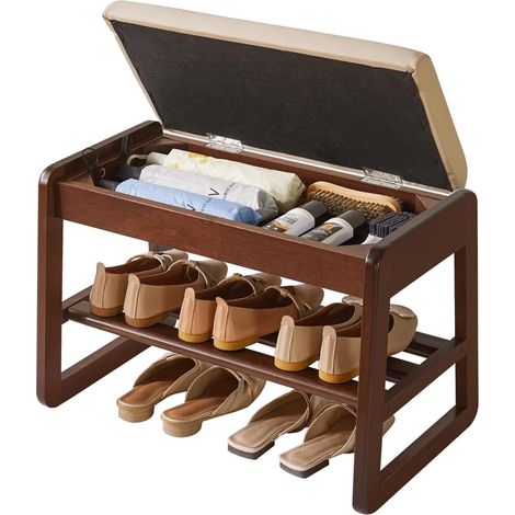 Banc de Rangement à Chaussures avec Coussin, Banc Étagère à Chaussures à 2 Niveaux en bois Massif, Organiseur de Rangement de 60 cm pour Entrée, Salon, Couloir, Chambre, Couleur Noyer (1/5)