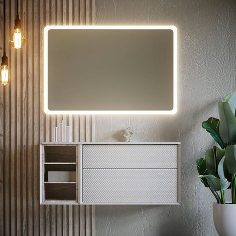 Espejo led de baño 100x80 cm cantos redondeados con arenado y luz fría
