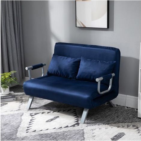 Clic-Clac 111x80x78cm Canapé 2 Places Dossier Réglable 5 Positions - Banquette Clic-Clac - Lit Convertible Velours Bleu Déhoussable (1/5)