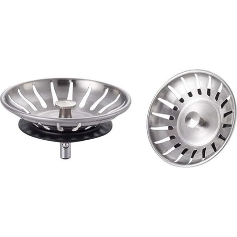 M34351-2, Bouchon d'évier de cuisine en acier inoxydable (2 pièces) - filtre universel (diamètre : 78 mm), bouchon à 18 fentes, grille anti-blocage, panier de vidange rapide