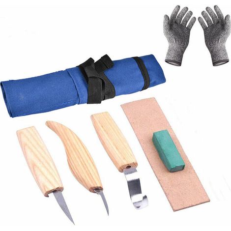 Green Mobility-Ensemble de 6 couteaux a decouper pour le travail du bois avegants resistants aux coupures, outils de sculpture a la main, saen tissu bleu (1/4)