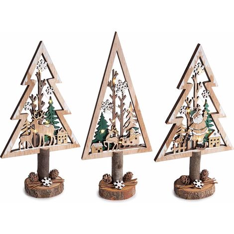 Decoro ad albero di Natale in legno intagliato con luci LED, base troco di legno con pigne e decori, set da 3 pezzi, cm 14 x 7 x 31,5 H