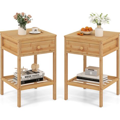 COSTWAY 2 Pcs Bamboo Nightstand Bedside Table with Storage Drawer-Natural (1/5)