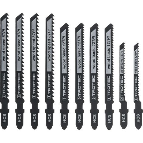 Trotec – Set de 10 lames de scie sauteuse pour bois tendre – Acier au carbone – Longueur 100/92/75mm – Denture fine pour coupes précises