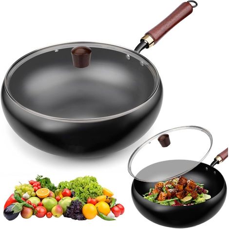 Cast Iron Pan Chinese Wok Large Belly 28cm Cast Iron Frying Pan, Hand Wrought Iron Pan, Woks and Frying Pans, Traditional Uncoated Pot for Fry for Simmer and High Temperature Fry (1/5)