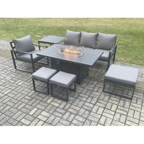 Fimous Aluminium 7 Pieces Garden Furniture Sofa Set with Cushions Gas Fire Pit Dining Table Set with 3 Footstools Side Table Dark Grey (1/5)