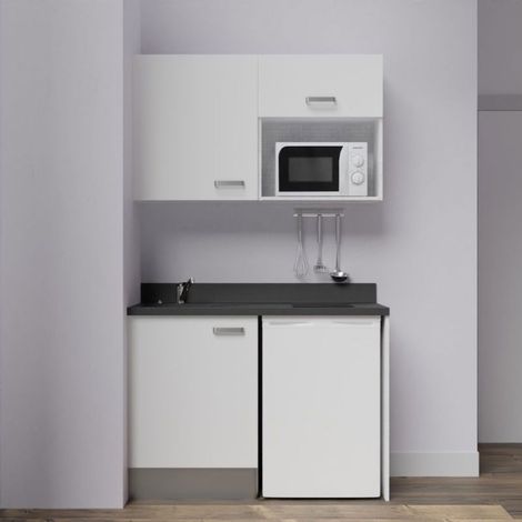 Kitchenette K07L - 120 cm - emplacements frigo top et micro-ondes-Blanc-Nero-évier à gauche (1/6)