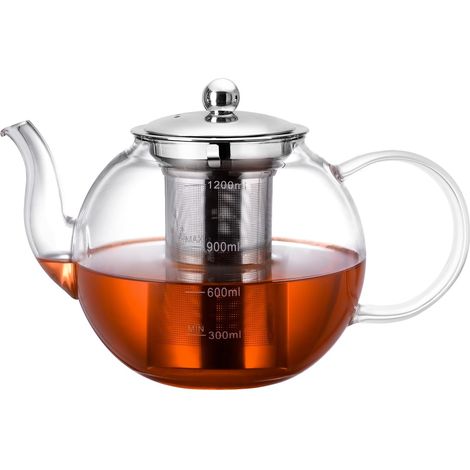 Théière - 1200 ml Theiere avec Infuseur amovible en acier inoxydable, Théière en verre résistant à la chaleur, Parfait pour le thé en feuilles ou les fleurs de thé (1/5)
