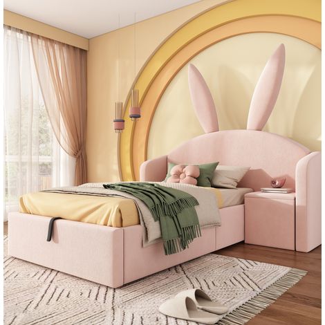 Cama infantil tapizada con mesita de almacenaje, terciopelo rosa 90x190 cm, cabecero con orejas de conejo y somier