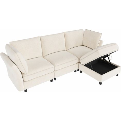 CHICFURN Canapé d'angle modulaire 4 places avec pouf coffre en tissu beige, sofa en L avec 2 coussins d'accoudoir, assise moelleuse pour salon (1/5)