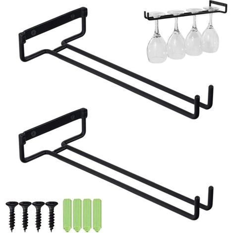 Portabicchieri da vino, set di 2 supporti per bicchieri da appendere, porta calici, appendini per bicchieri per mensole, porta bicchieri da appendere, porta bicchieri da vino sottopensile, nero, con v (1/4)