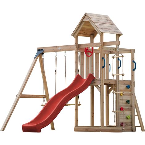 Axi Moos Aire De Jeux En Bois Avec 2 Balançoires, Echelle En Corde, Toboggan Rouge / Aire De Jeux Extérieur Avec Balançoires/ Bac À Sable/Mur D'Escalade  Portique Balançoire/Jeux En Bois Extérieur