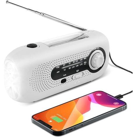 Solar Radio, Emergency Hand Crank AM/FM Solar Weather Radio Self-Powered with 5 LED Flashlight, 2000mAh Emergency Power Bank for Smartphones, Home and Camping (White)