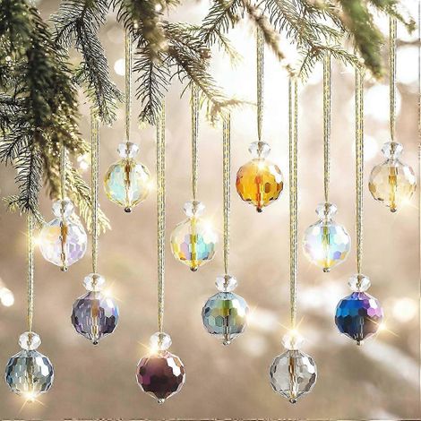 Lot de 12 boules de Noël en cristal, 22 mm, en verre, effet arc-en-ciel, multicolores, à suspendre. Décorations pour sapin de Noël. (1/5)