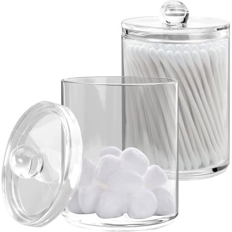 SHINING HOUSE Lot de 2 Rangement Coton Distributeur Coton-Tige Supports  pour Salle de Bain Transparent Cotton Bud Container Porte Tampon de Coton Bidons Pour Ranger les Cotons-tiges, Les Boules de Co