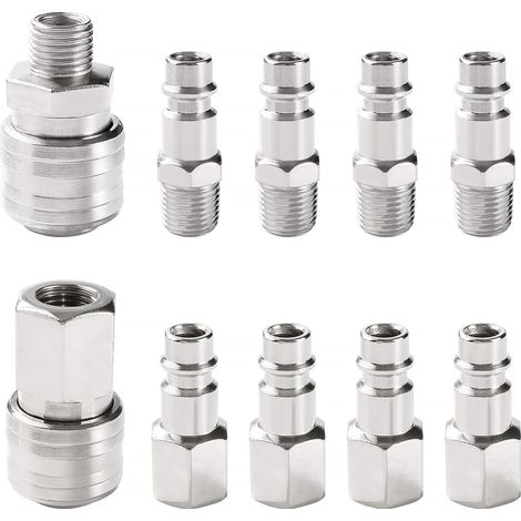 10 Pièces 1/4" BSP Coupleur Pneumatique d'air Kit, Raccord Rapide Européen, Compresseur d'Air, pour Tuyau Compresseur, Argent - (1/5)