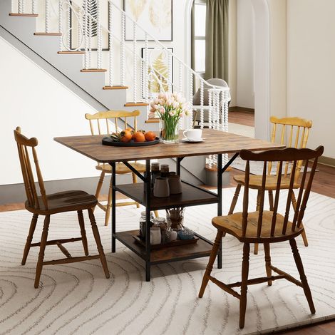 COSTWAY Rectangular Kitchen Dining Table with Storage Shelves 120x100cm Brown (1/5)