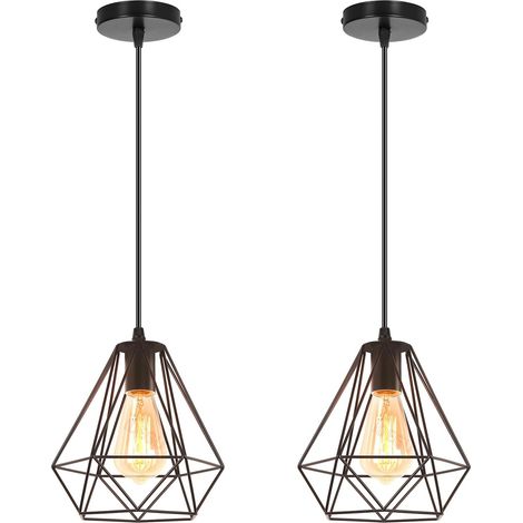 Set of 2 Vintage Pendant Lights, 20 cm Industrial Chandelier Pendant Light Shade in Metal Cage Dimant Shape Ceiling Light for Bedroom, Living Room, Dining Room, Kitchen (Black) (1/5)
